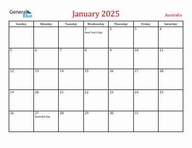 Current month calendar with Australia holidays for January 2025