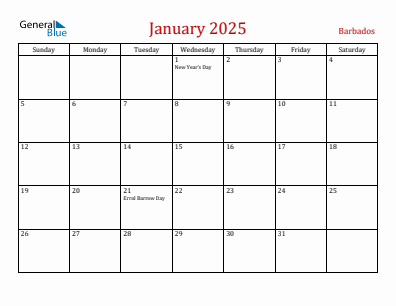 Current month calendar with Barbados holidays for January 2025