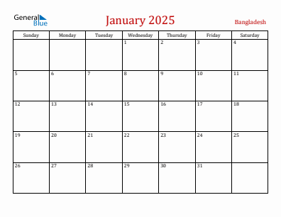 Current month calendar with Bangladesh holidays for January 2025