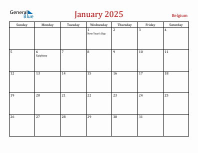 Current month calendar with Belgium holidays for January 2025