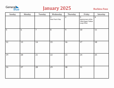 Current month calendar with Burkina Faso holidays for January 2025