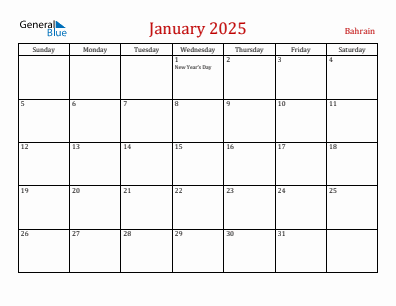 Current month calendar with Bahrain holidays for January 2025