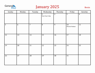 Current month calendar with Benin holidays for January 2025