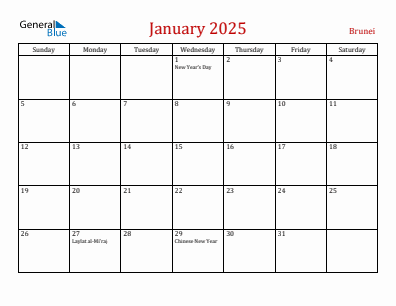 Current month calendar with Brunei holidays for January 2025