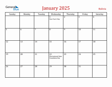 Current month calendar with Bolivia holidays for January 2025