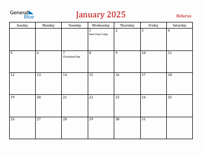 Current month calendar with Belarus holidays for January 2025