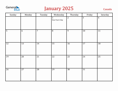 Current month calendar with Canada holidays for January 2025