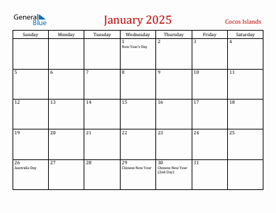 Current month calendar with Cocos Islands holidays for January 2025