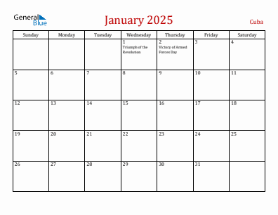 Current month calendar with Cuba holidays for January 2025