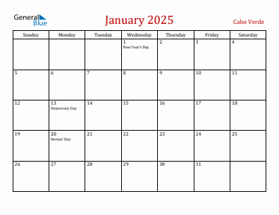 Current month calendar with Cabo Verde holidays for January 2025