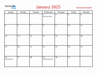 Current month calendar with Christmas Island holidays for January 2025