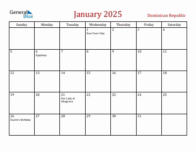 Current month calendar with Dominican Republic holidays for January 2025