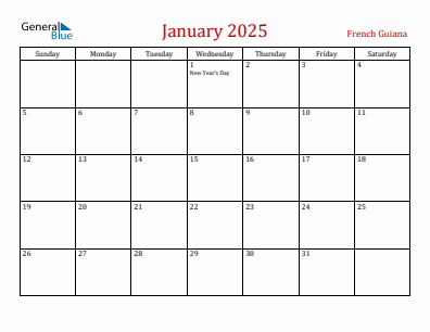 Current month calendar with French Guiana holidays for January 2025