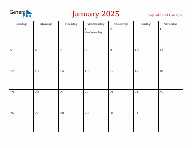 Current month calendar with Equatorial Guinea holidays for January 2025