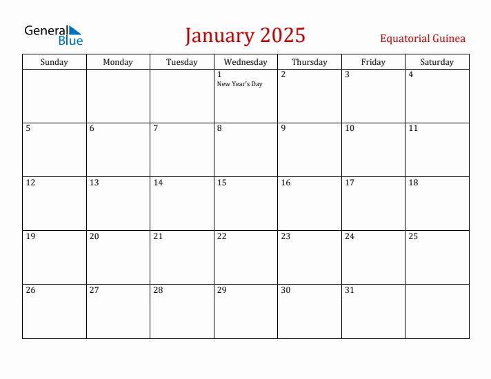 Equatorial Guinea January 2025 Calendar - Sunday Start