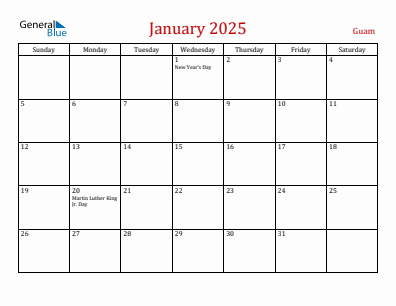 Current month calendar with Guam holidays for January 2025