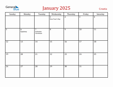 Current month calendar with Croatia holidays for January 2025