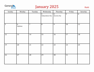 Current month calendar with Haiti holidays for January 2025