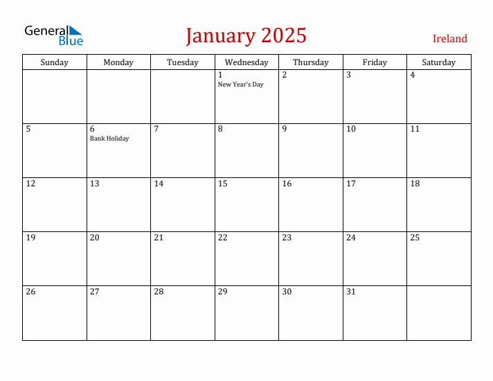 Ireland January 2025 Calendar - Sunday Start