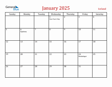 Current month calendar with Iceland holidays for January 2025