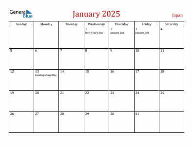 Current month calendar with Japan holidays for January 2025