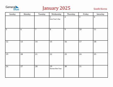 Current month calendar with South Korea holidays for January 2025