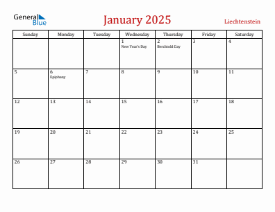 Current month calendar with Liechtenstein holidays for January 2025