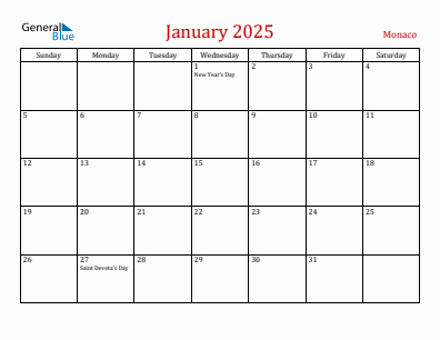 Current month calendar with Monaco holidays for January 2025