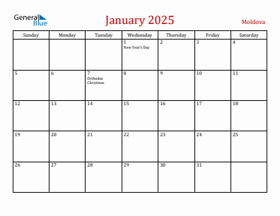 Current month calendar with Moldova holidays for January 2025