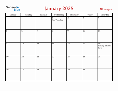 Current month calendar with Nicaragua holidays for January 2025