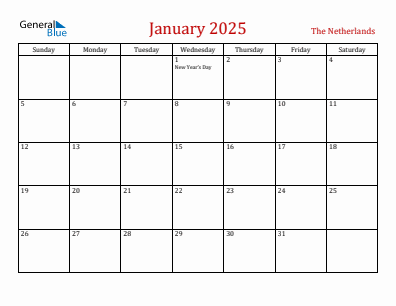 Current month calendar with The Netherlands holidays for January 2025