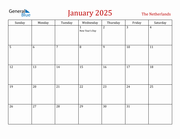 The Netherlands January 2025 Calendar - Sunday Start