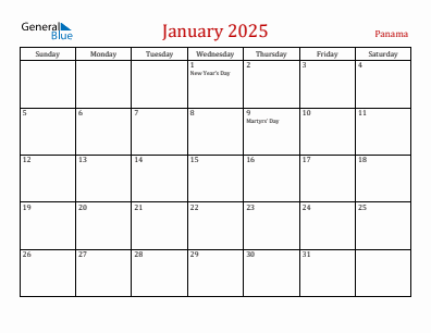 Current month calendar with Panama holidays for January 2025