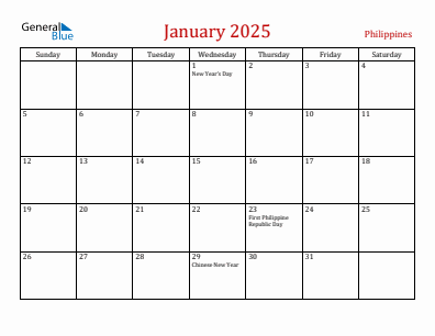 Current month calendar with Philippines holidays for January 2025