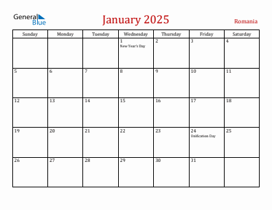 Current month calendar with Romania holidays for January 2025