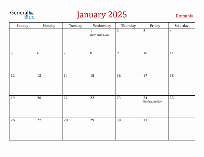 Romania January 2025 Calendar - Sunday Start