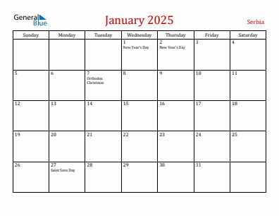 Current month calendar with Serbia holidays for January 2025