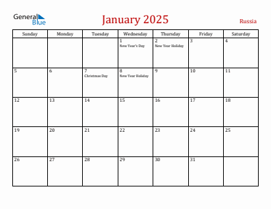 Current month calendar with Russia holidays for January 2025