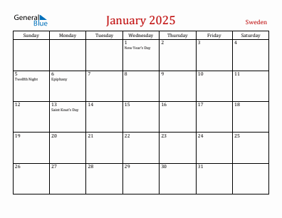 Current month calendar with Sweden holidays for January 2025