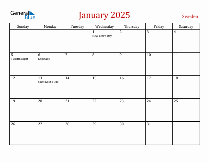 Sweden January 2025 Calendar - Sunday Start