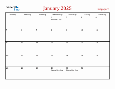 Current month calendar with Singapore holidays for January 2025