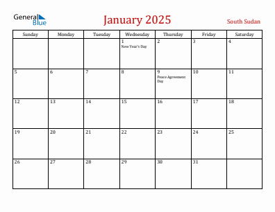 Current month calendar with South Sudan holidays for January 2025