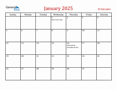 Current month calendar with El Salvador holidays for January 2025