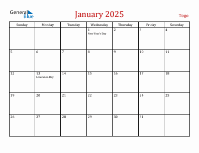 Current month calendar with Togo holidays for January 2025