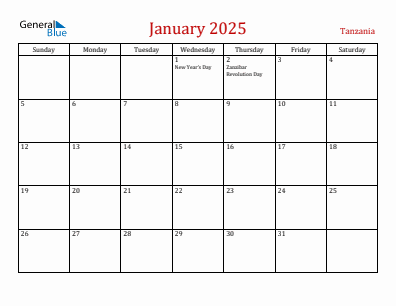 Current month calendar with Tanzania holidays for January 2025