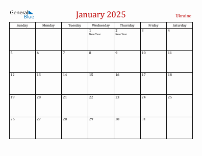 Current month calendar with Ukraine holidays for January 2025