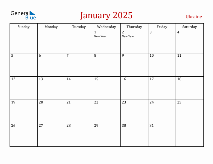 Ukraine January 2025 Calendar - Sunday Start