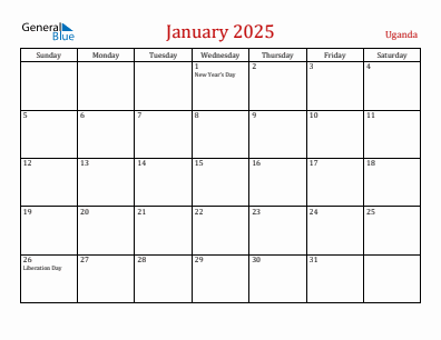 Current month calendar with Uganda holidays for January 2025