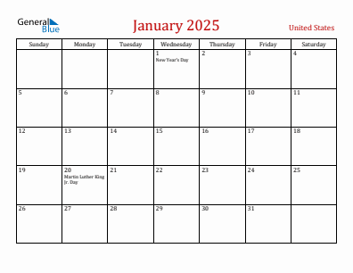 Current month calendar with United States holidays for January 2025