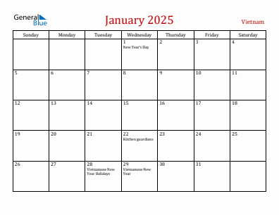 Current month calendar with Vietnam holidays for January 2025